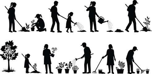 Gardening silhouettes, people planting, watering plants, family teamwork, outdoor activity, eco lifestyle, garden tools, children learning nature, environmental care, flat vector
