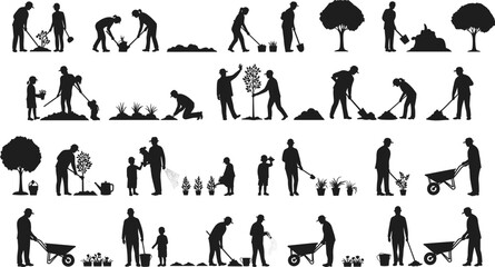Gardening silhouettes, people planting, watering plants, teamwork activity, family outdoor lifestyle, eco nature care, garden tools, community environment, children learning, flat vector