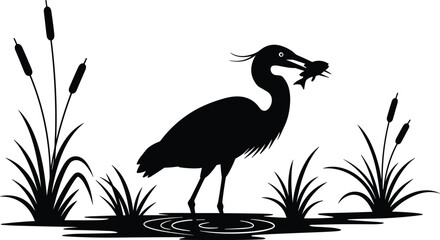 Heron catching fish silhouette, wetland bird illustration, aquatic wildlife hunting scene, nature ecosystem concept, waterfowl standing in pond, flat vector design