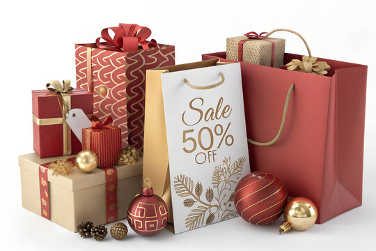 Festive collection of christmas gifts and shopping bags with a prominent 50 percent off sale sign perfect for holiday promotions