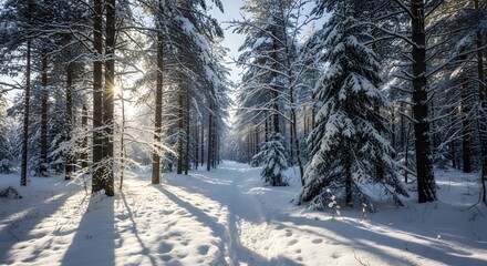 Fototapeta premium Winter forest snow trees sunlight path landscape nature scene cold frozen scenic woods white season