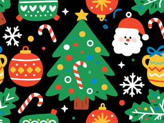 Seamless Christmas Pattern with Santa, Tree, and Ornaments on Black
