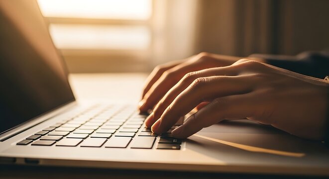 Woman's hands typing on a laptop keyboard at work in the office