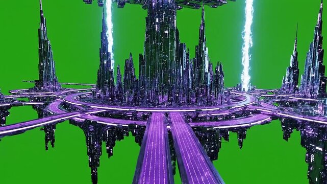 Futuristic city with vibrant energy beams and intricate architecture, a modern marvel on a green screen ready for visual effects integration