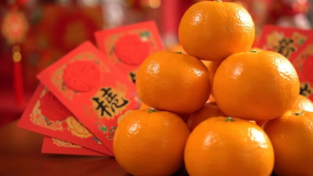 Chinese New Year Celebration with Mandarin Oranges and Red Envelopes. - Powered by Adobe