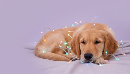 Sleepy pet christmas golden retriever puppy under soft lights, cozy festive mood