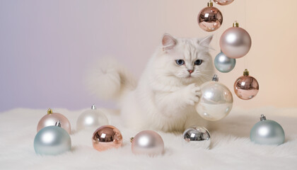 Pet cat, christmas, white fur, blue eyes, fluffy, playful, cute