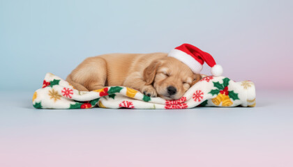Pet, christmas, puppy, sleeping, Santa hat, blanket, cute calm mood