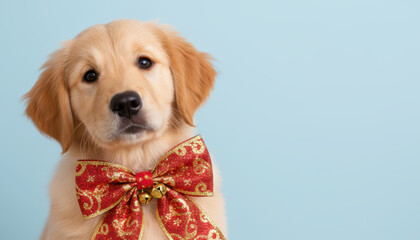 Cute puppy golden retriever red bow festive pet christmas portrait bell