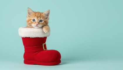 Pet kitten, red boot, fur trim, cute, christmas scene warms heart