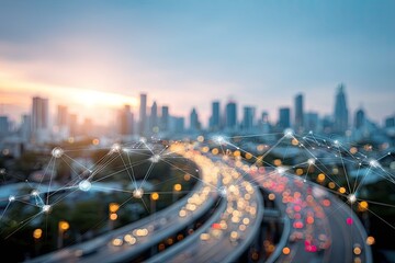 City highway network overlaid with connected nodes