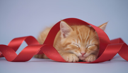 Sleepy pet kitten christmas ribbon, cute cat, red wrapping, soft fur, holiday calm