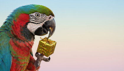 Colorful parrot pet with christmas gift, golden box, playful mood, pastel sky background