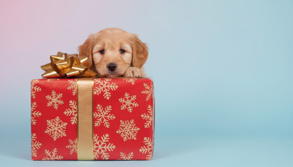 Puppy, gift, ribbon, holiday, pet, christmas surprise warms heart on pastel background