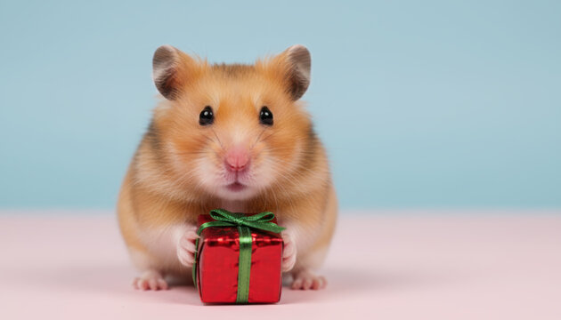 Cute hamster, red gift, green ribbon, pet, christmas cheer and wonder