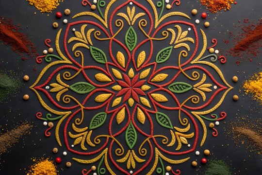 Top-down view of spilled colorful spices forming abstract vibrant patterns on dark slate background, creative culinary art concept