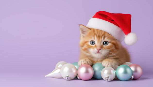 Cute kitten, santa hat, holiday, festive, pet, christmas cheer on pastel lavender scene