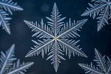 Macro shot of frost crystals forming geometric winter patterns on dark glass surface with intricate icy detail and shine