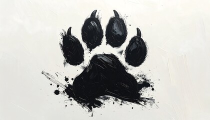 A black paw print artfully depicted with a messy, splattered ink effect against a plain white background, appearing like a wolf's or bear's footprint