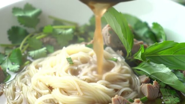 Side macro shot of pho broth being poured over noodles and herbs