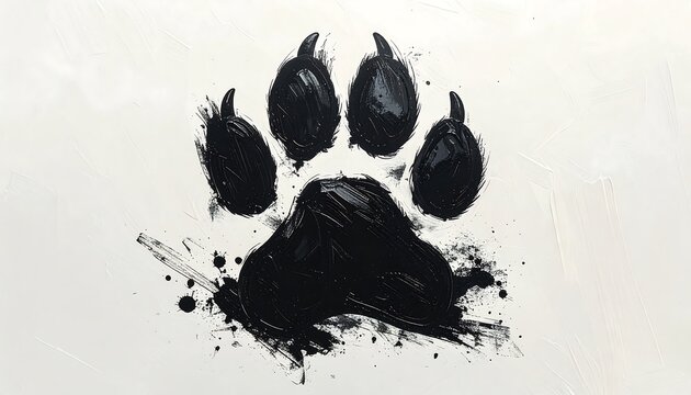 A black paw print artfully depicted with a messy, splattered ink effect against a plain white background, appearing like a wolf's or bear's footprint