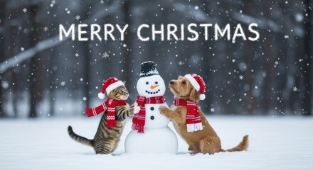 A whimsical holiday scene shows a cat and dog building a snowman in a snowy forest, with "MERRY CHRISTMAS" at the top