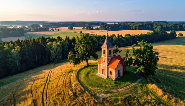 Small Brick Chapel on a Grassy Hilltop with Golden Hour Sunlight and Panoramic Countryside Views