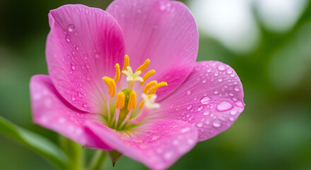 Close up shot of a pink flower with water droplets and yellow stamen in focus view