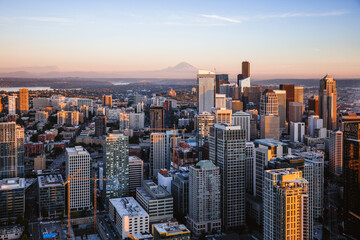 Aerial view of Seattle downtown skyline at sunset