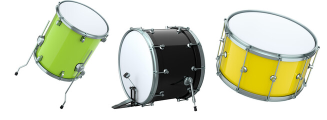Set of drums on white background. 3d render concept of musical instrument, drum machine