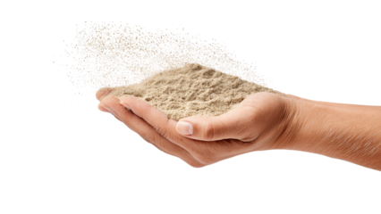 Hand Holding and Releasing Sand, White Background
