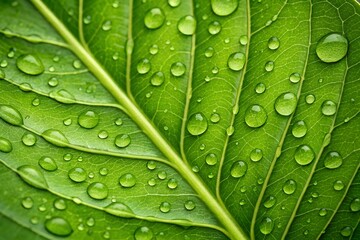 Close-up macro view of green leaf with fresh water droplets showing detailed natural texture and vibrant botanical surface pattern