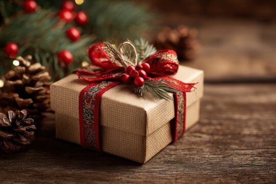 A beautifully wrapped gift box, exuding warmth and festive charm, sits gracefully on a rustic wooden surface. The present is elegantly adorned with a rich red patterned ribbon, tied into a decorative 