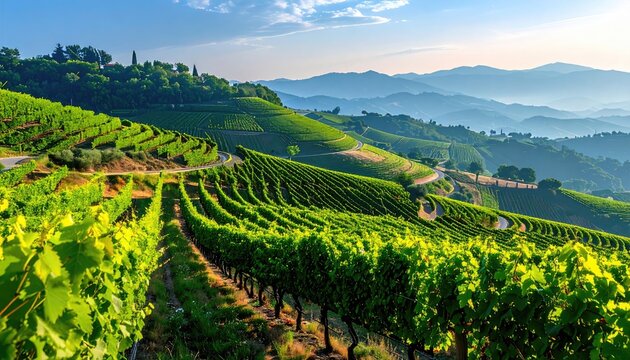 Lush green vineyard rows under a soft hazy sunrise with rolling hills in the background at dawn - Powered by Adobe