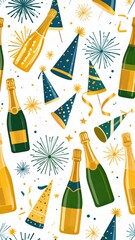 Festive Celebration Pattern with Champagne Bottles Party Hats and Fireworks on White Background