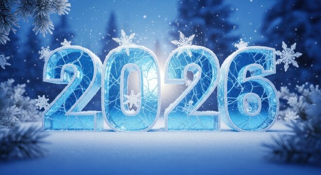 Icy blue 2026 numerals sparkle against a snowy forest backdrop, with frosted pine boughs and crystalline snowflakes - Powered by Adobe