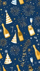 Festive Celebration Pattern with Golden Champagne Bottles Party Hats and Fireworks on Dark Blue Background