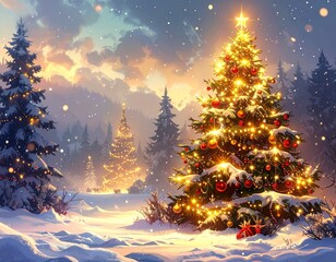 Festive Illuminated Christmas Tree in Snowy Forest at Sunset with Sparkling Lights and Warm Glow