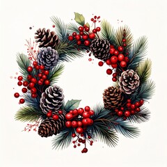 Festive Wreath Arrangement Of Pine Cones Red Berries And Evergreen Foliage On White Background