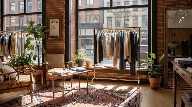 Inviting interior of a sunlit fashion boutique with clothing racks displaying garments brick walls and large windows offering a view of the city street