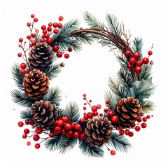 Watercolor Christmas Wreath with Pine Cones and Red Berries Isolated on White Background
