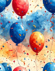 Watercolor Balloons Floating With Confetti Against Painted Sky Background