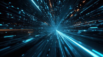 Naklejka premium Futuristic digital motion with bright blue and orange light streaks, representing speed and innovation in technology.
