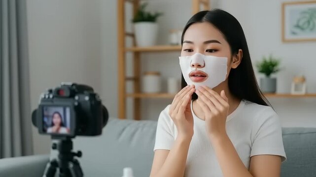 Woman applying facial mask while vlogging.