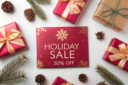Festive holiday sale announcement with 50 percent off surrounded by wrapped gifts and pine sprigs