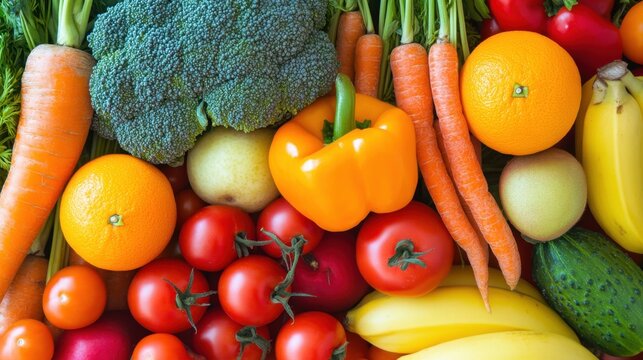 Fresh mix of fruits and vegetables including carrots, tomatoes, oranges, broccoli and peppers