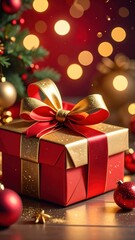 Wrapped Gift Box with Golden Ribbon and Ornaments Against Red Background with Bokeh Lights