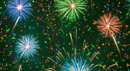 Vibrant fireworks explode against a dark background with colorful confetti falling, creating a festive celebration atmosphere