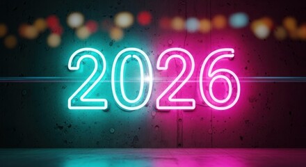 Neon sign displaying "2026" in vibrant turquoise and pink, set against a concrete wall, with bokeh lights