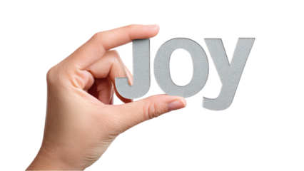 Hand Holding Silver "Joy" Letters on White
